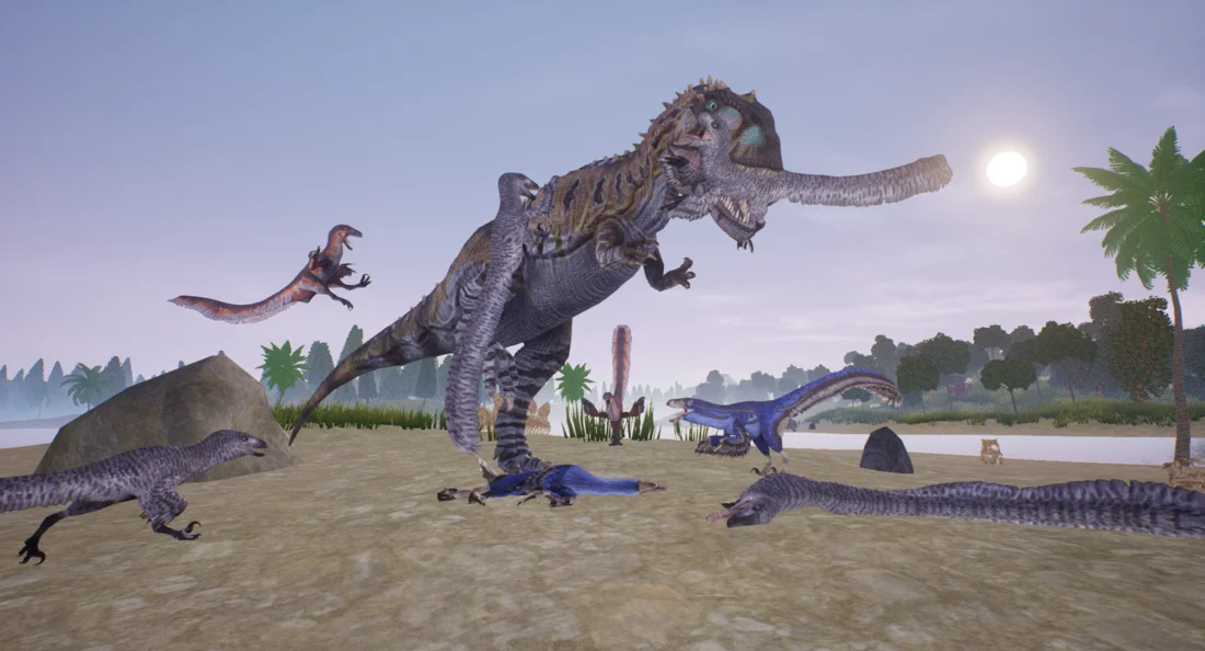 Dinosaurs facing off in a fight