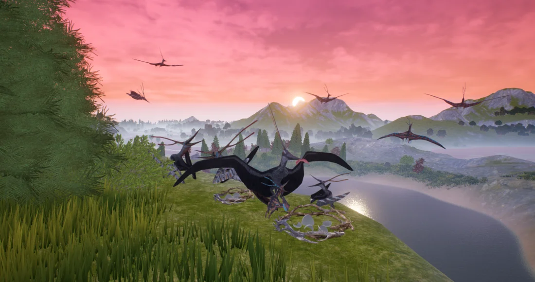 Flying reptiles above an island valley at sunset
