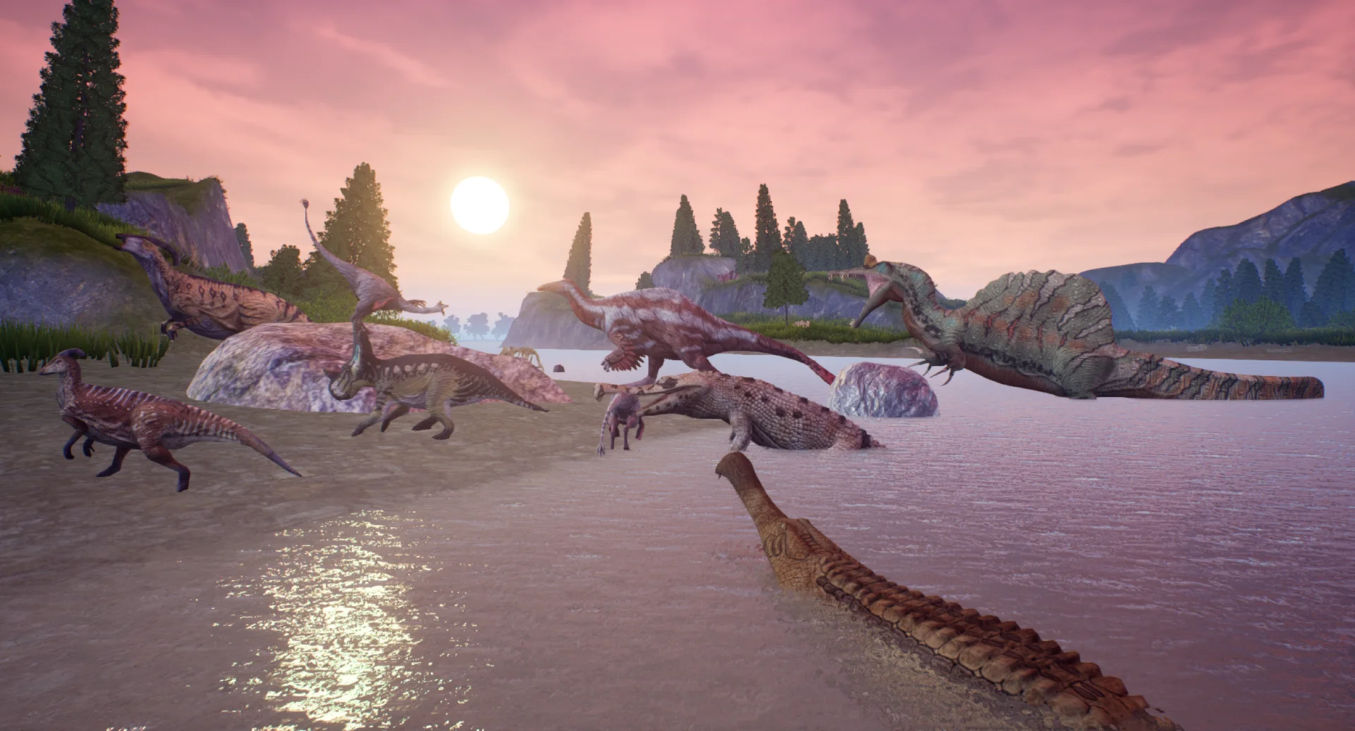 Dinosaurs gathered on the shore of a prehistoric island at sunset