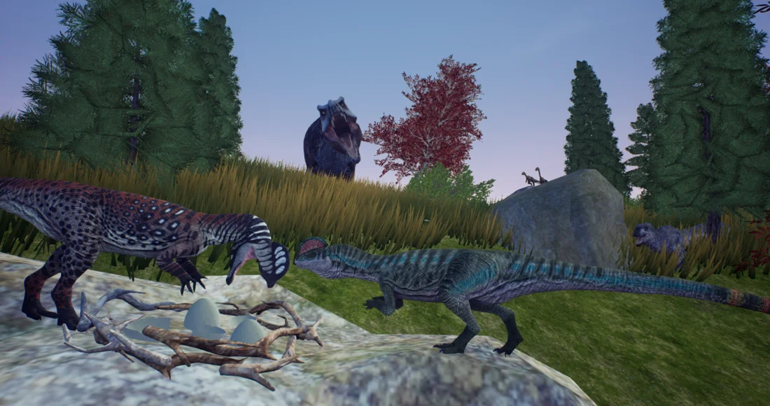 Dinosaurs watching over a nest of eggs