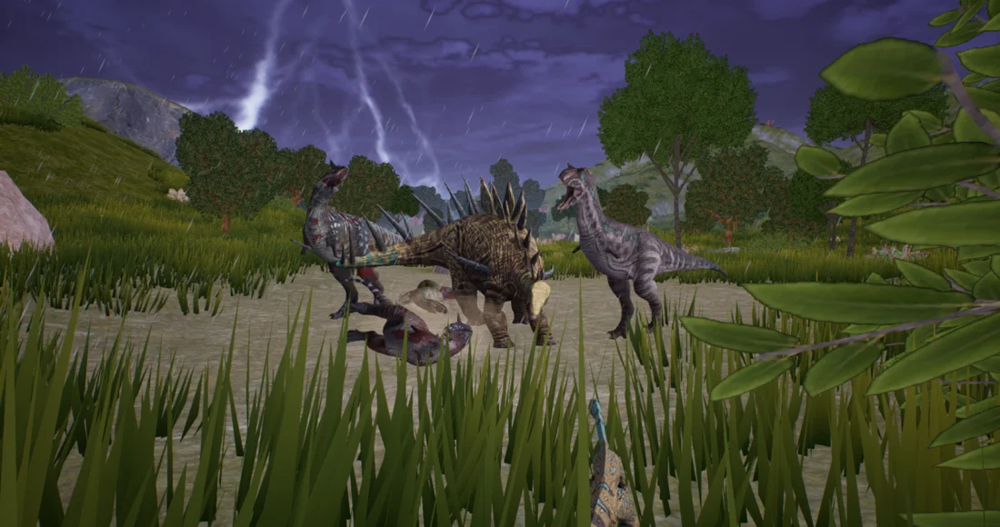 Dinosaurs in the rain beneath a lightning-filled sky